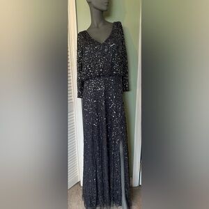 Adriana Papell Sequin Evening Gown Dress Pewter Gray Size 16